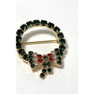 GREEN WHITE RED RHINESTONE CHRISTMAS WREATH PIN Brooch Bow